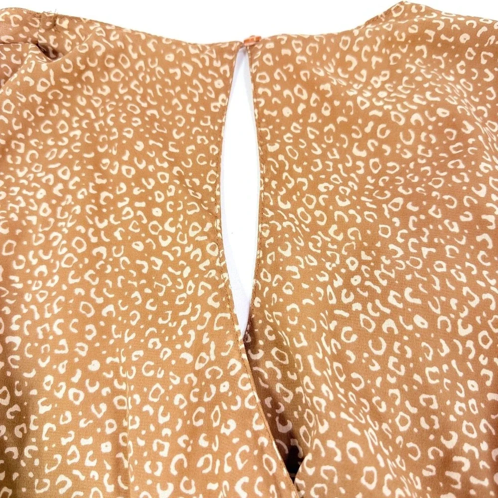 Japna Women Small Tan Animal Print Long Sleeve‎ V Neck Tiered Ruffle Mini Romper